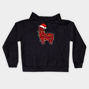 Llama Wearing Santa Hat Christmas Tree Lights and Red Buffalo Plaid Kids Hoodie